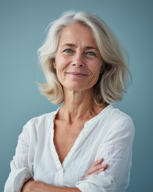 An older woman with her arms crossed standing in front of a blue background