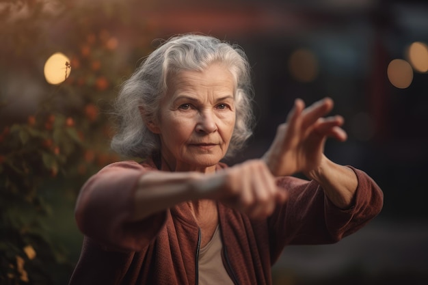 An older woman with her hands in the air, the word'emporium'on the front of her face