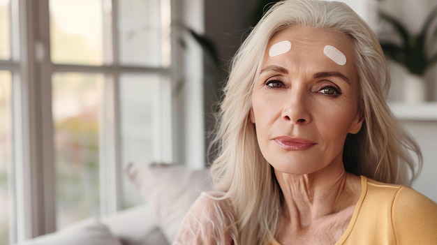 An older woman with striking white patches on her face gazes pensively into the distance