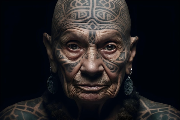 An older woman with tattoos on her face