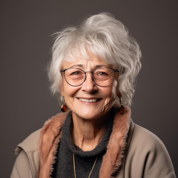 an older woman with white hair and glasses smiling