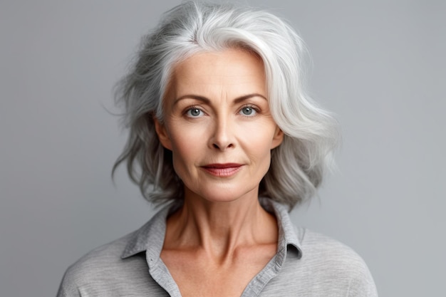 Older woman with white hair and gray shirt looking at the camera Generative AI