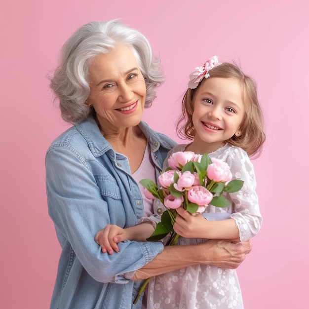 An older woman and a young girl cherishing a bouquet of flowers together