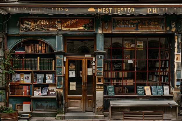 Photo oldfashioned bookshop with wooden facade and antique signage evoking nostalgia