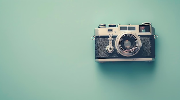 An oldfashioned camera resting on a light blue background