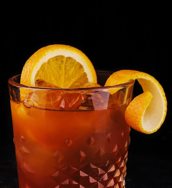 Oldfashioned cocktail with ice and orange peel