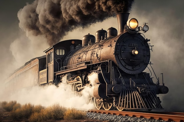 Oldfashioned steam train with smoke billowing from the chimney chugging along the tracks