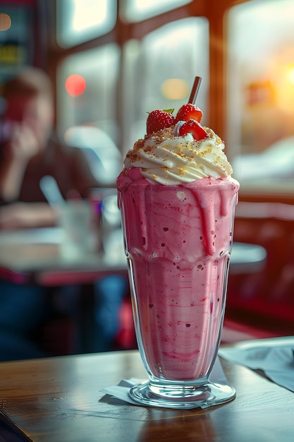 Photo oldfashioned strawberry smoothie cold and delicious dairy drink in pink with summer vibes