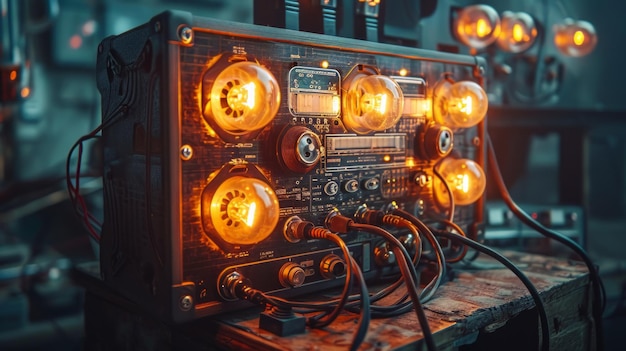 Oldfashioned tape player decorated with a multitude of glowing incandescent light bulbs exuding a vintage and radiant aura Generative AI