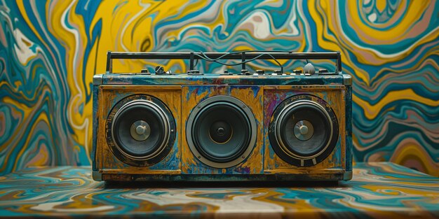 Oldschool boombox set against a vibrant swirling marbled pattern