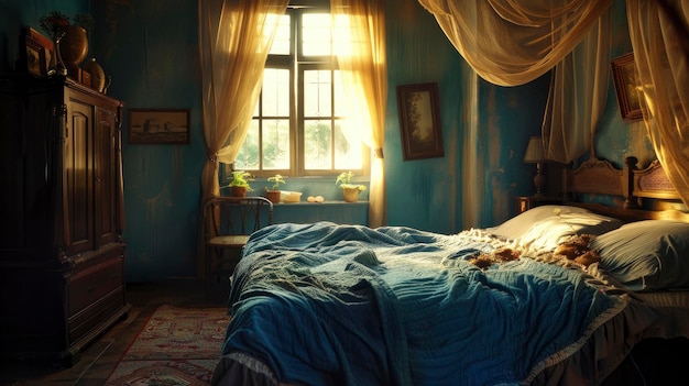 An oldstyle bedroom in a countryside house featuring an indigo sleeping set with bed nets