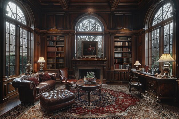 Oldworld study with rich wood paneling and a hidden bookcase door