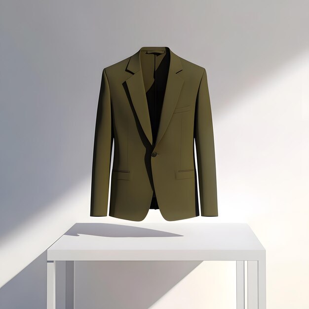 Olive blazer on white table Classic fashion display