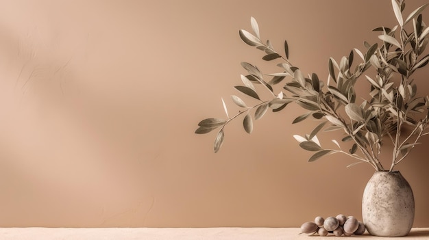 Olive branch leaves on beige background Illustration AI Generative