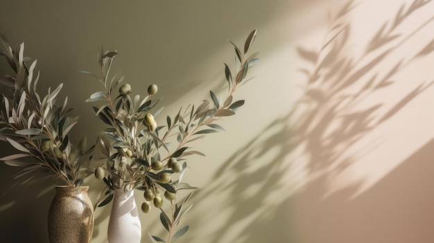 Olive branch leaves on beige background Illustration AI Generative