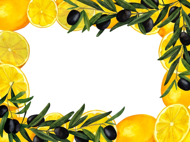 Olive branches and lemons watercolor frame handpainted composition for printing on cards invitations recipes cookbooks packaging and product labels