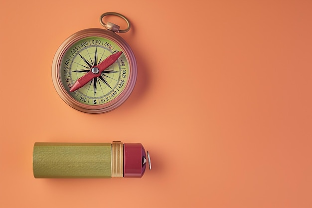 Olive Green Compass and Burgundy Sharpener Pastel Orange Background