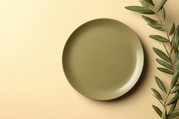 Olive Green Monochrome Plate On Sepia Background Top View Generative AI