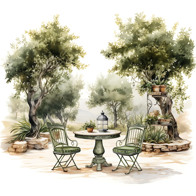 Olive Grove Olive Trees Iron Bistro Set Stone Fountains Medi Cozy Watercolor Of Nature Decorative