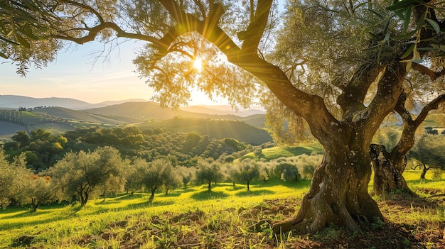 Photo olive grove in the sun a beautiful landscape with olive trees and green hills in the background the sun is shining through the trees