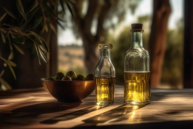 Olive oil on background of olive grove generative ai