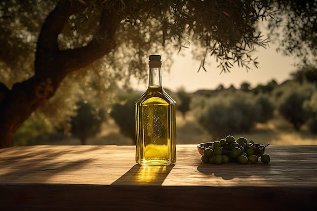 Olive oil on background of olive grove generative ai