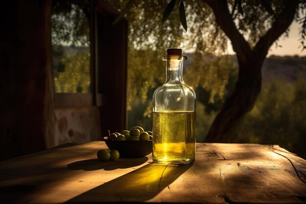 Olive oil on background of olive grove generative ai