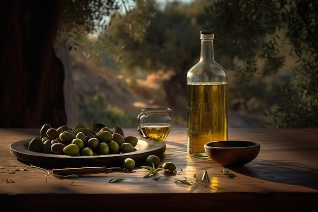 Olive oil on background of olive grove generative ai