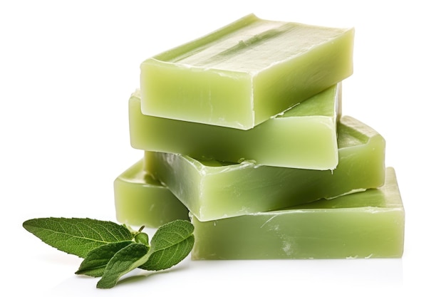 Olive oil based green soap bars displayed on a white background