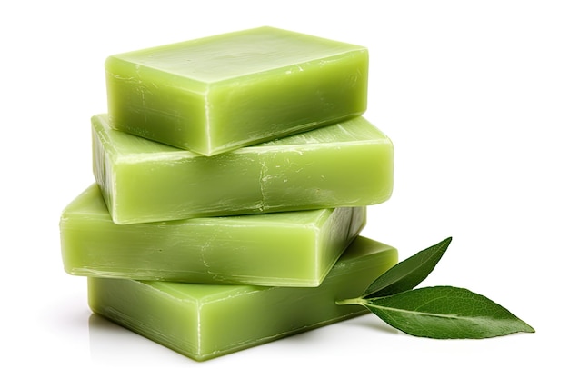 Olive oil based green soap bars displayed on a white background