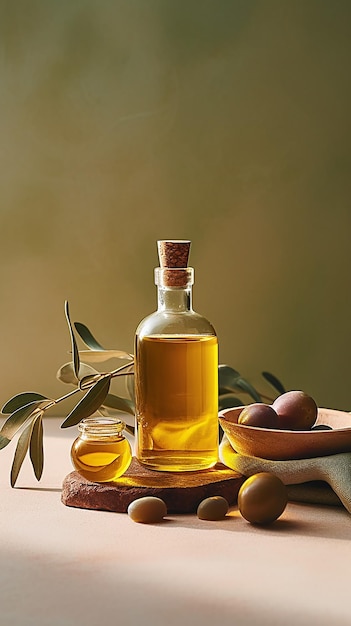 Olive oil in a bottle next to a bowl of olive oil.