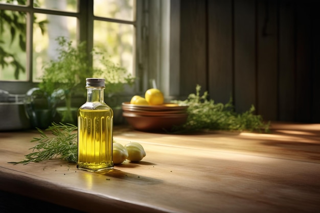 Olive oil bottle in a cozy kitchen nook