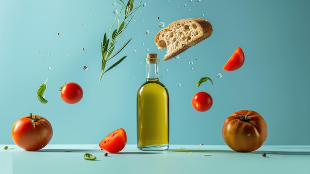 Olive oil bottle with floating bread tomatoes and herbs on a light blue background