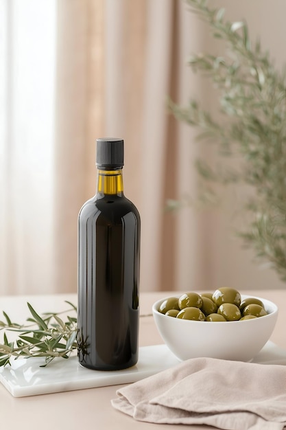 Photo olive oil bottle with fresh olives and grain in a mediterraneaninspired setting