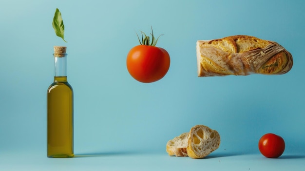 Olive oil bottle with fresh tomatoes and bread on a blue background