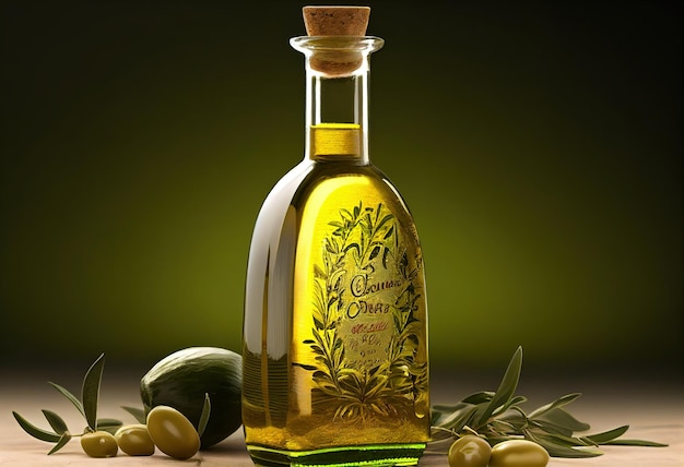 Olive oil bottle with green olives and olive branch on wooden table