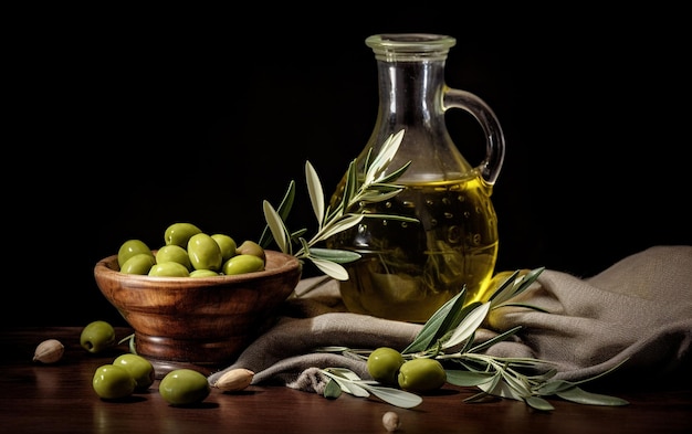 Olive Oil Bottle with Olives and Leaves on Dark Background