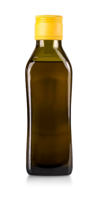 Olive oil bottle with yellow cap isolated on white background