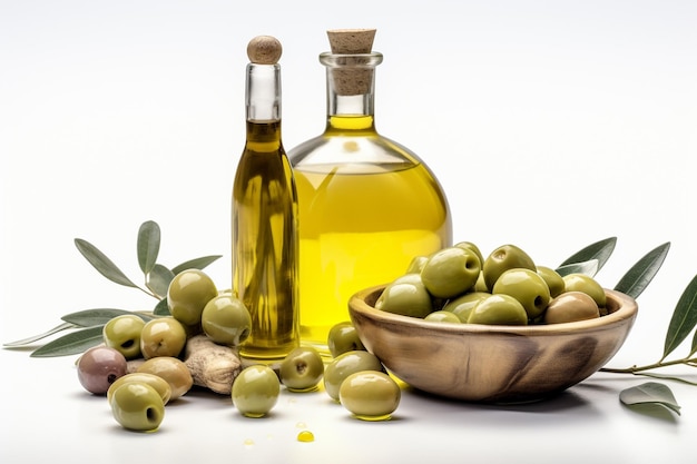 Olive oil and a bowl of olives next to a bottle of olive oil.