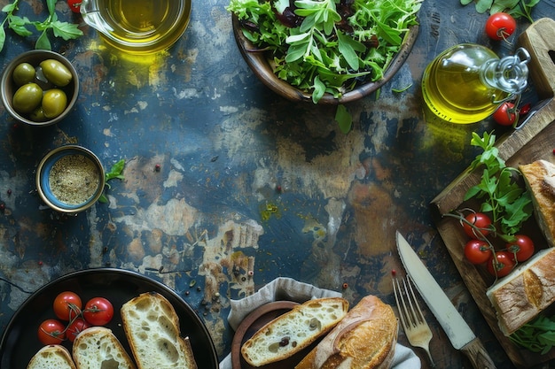 Photo olive oil bread and salad ingredients on a rustic table