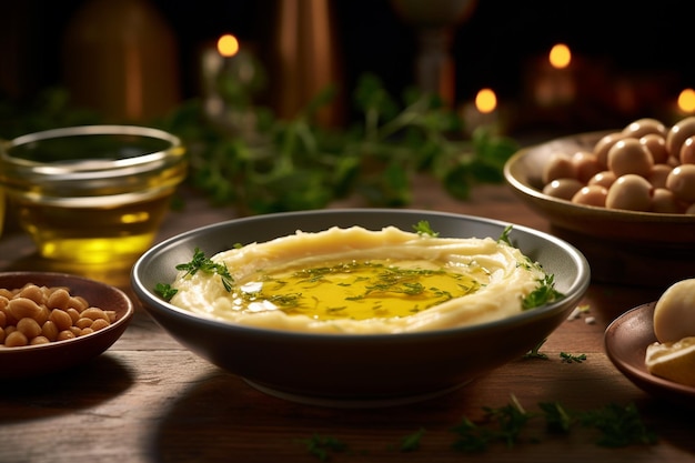 Olive oil drizzling over a bowl of hummus