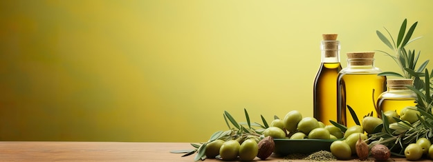 olive oil on a green background with olives and spices