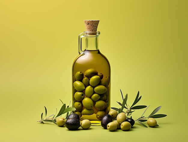 olive oil on a green background with olives and spices