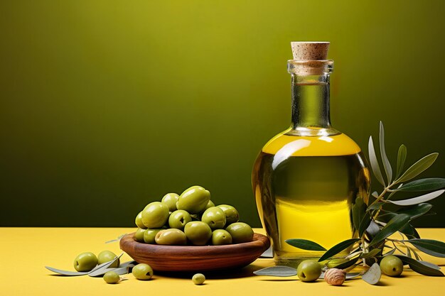 olive oil on a green background with olives and spices