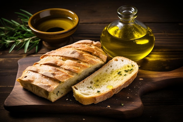 Olive oil next to a loaf of artisan bread and a knife