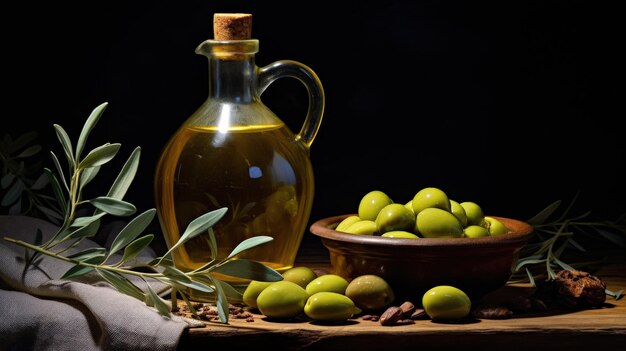 Olive oil and olive berries are on the wooden table under the olive tree