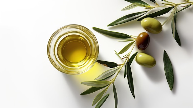 Olive oil and olive branch on a white background top view copy space Generative AI