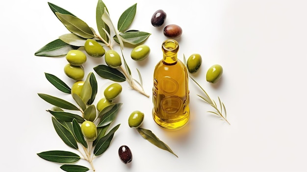 Olive oil and olive branch on a white background top view copy space Generative AI