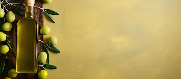 Photo olive oil and olives in a bottle isolated pastel background copy space