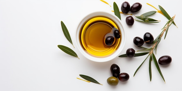 Olive oil and olives on a white background